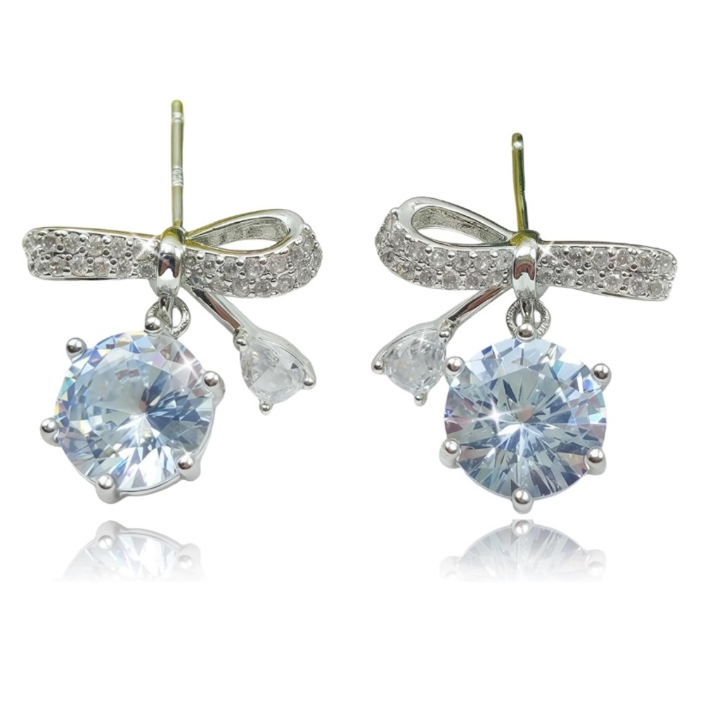 YEATMUE Dainty Bow Earrings 14K Platinum Plated Dangling CZ Drop Earrings